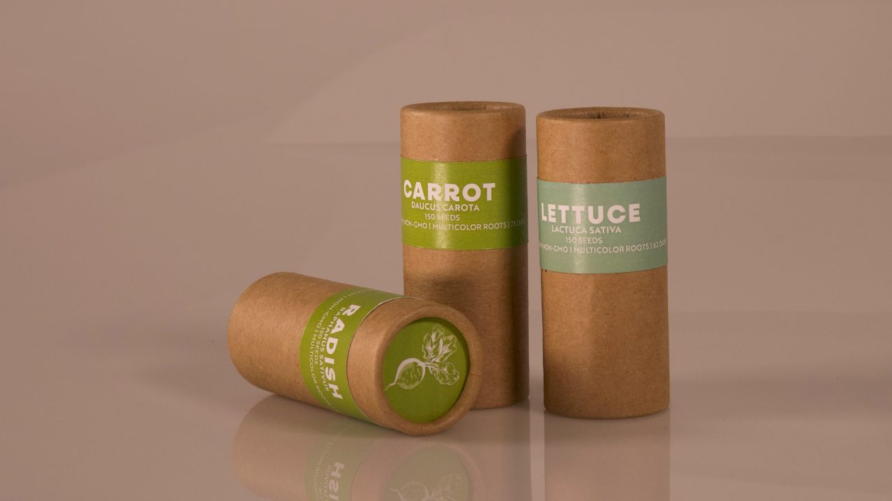 Three cylindrical brown paper tubes labeled as carrot, lettuce, and radish seeds stand upright on a plain surface with a neutral background.