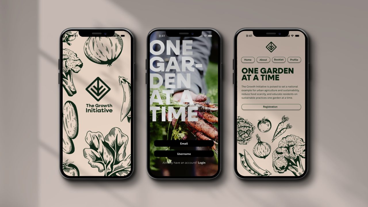 Three smartphones display an app called The Growth Initiative, featuring botanical illustrations, a login screen, and information about a sustainable gardening project.