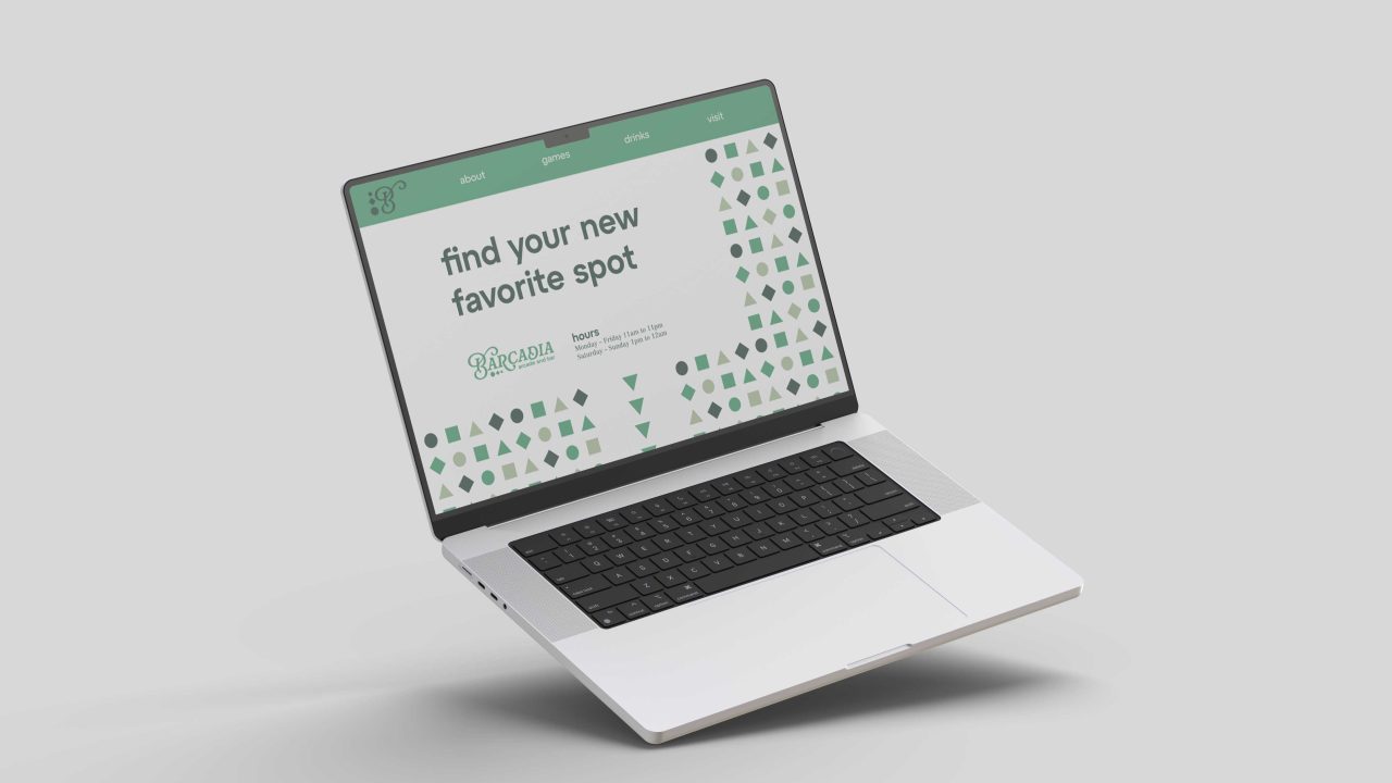 Barcadia landing page utilizing their unique shape pattern to guide the user into the Barcadia experience where the user can play around with interactive elements and exciting visuals.