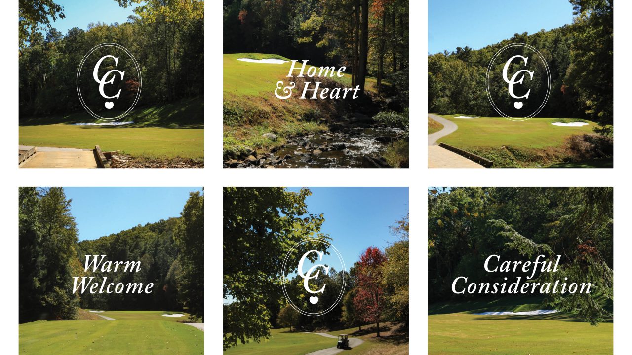 Cherry Creek brand assets including photography, logo, and guiding words. Each brand asset is laid over a beautiful photo of Cherry Creek Golf Course.