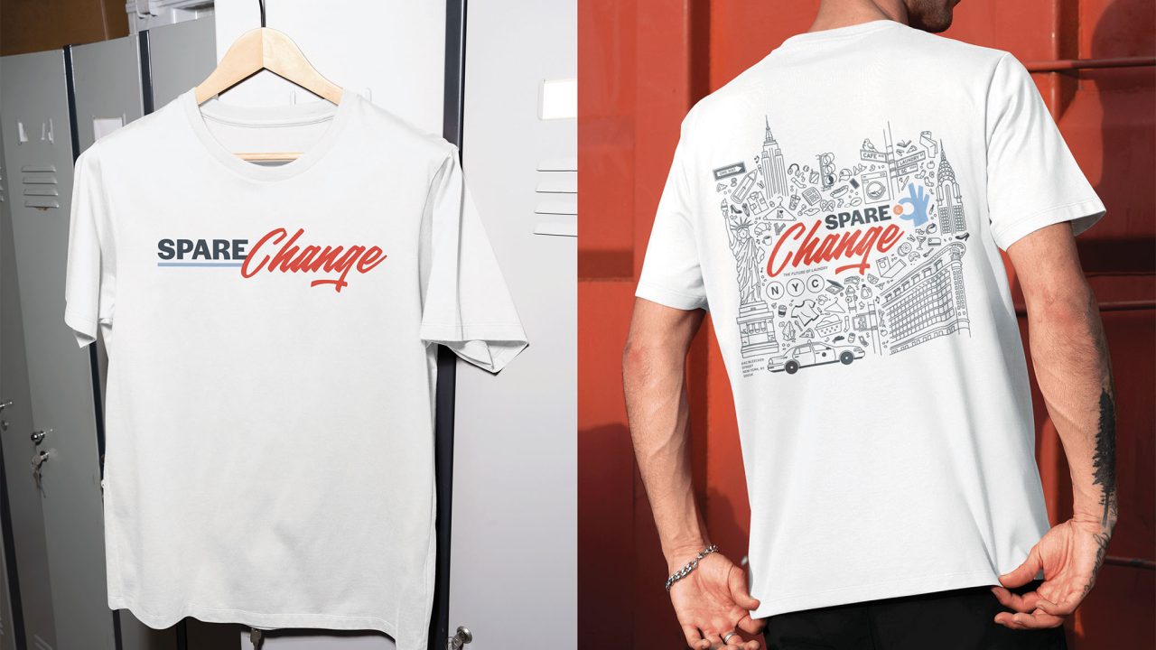 The front of the t-shirt features the secondary logo and the back of the t-shirt features the illustration brand asset for Spare Change.