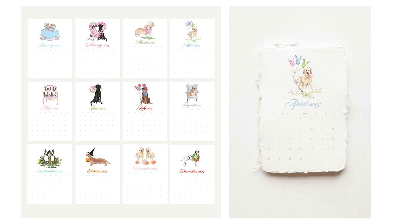 Hand-painted watercolor dog portraits tailored to each month of a personalized desk calendar.