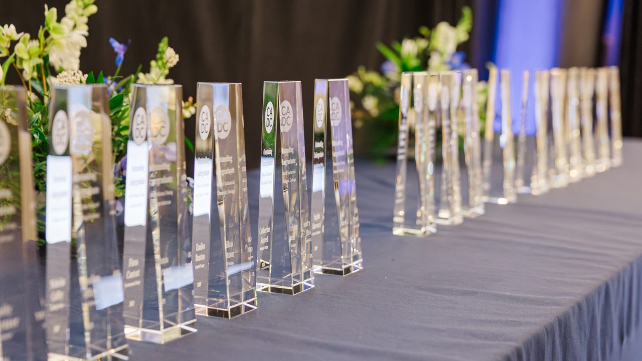 Awards lined up on a table