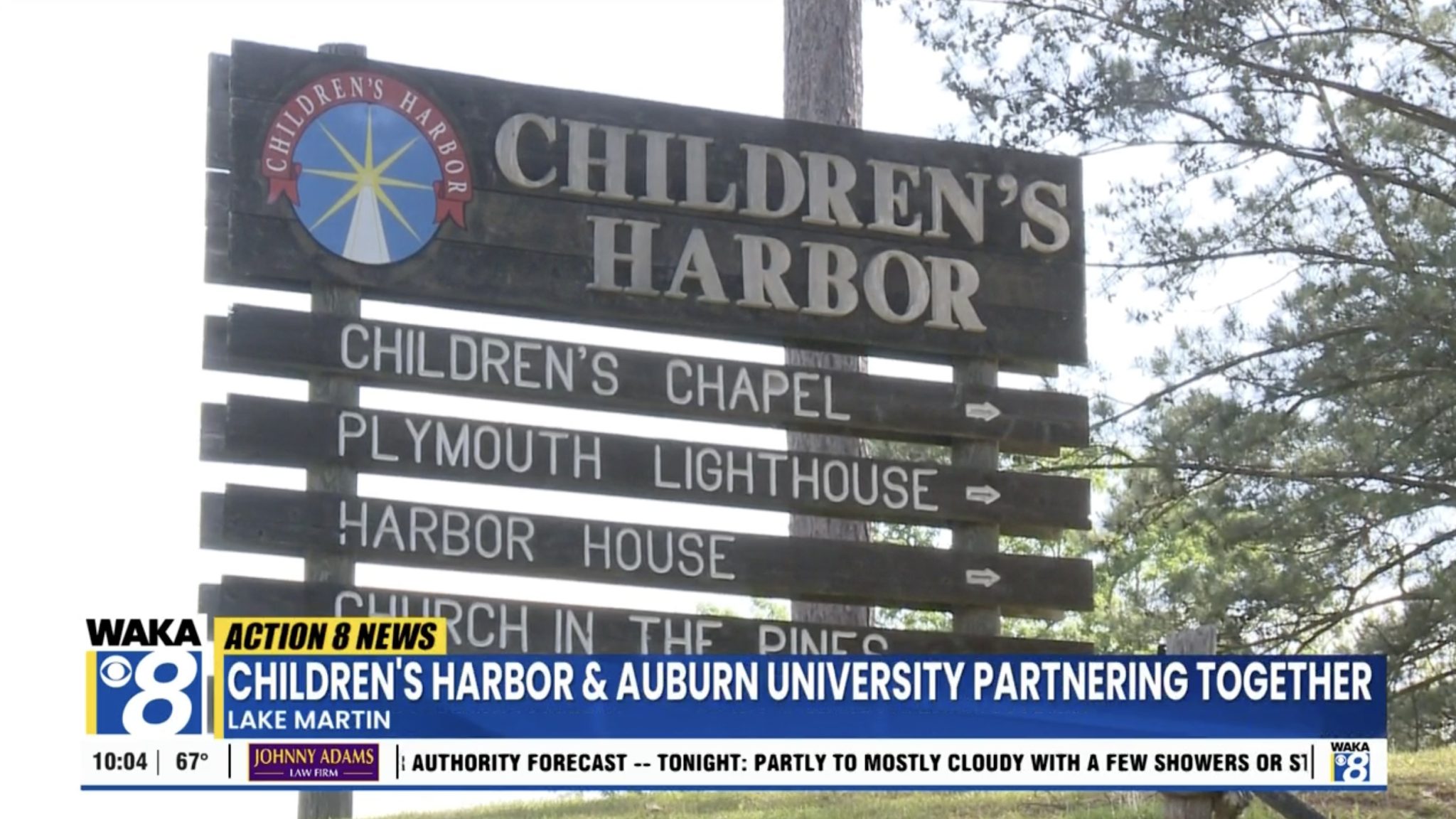 News segment title card for partnership between Children's Harbor and Auburn University Landscape Architecture students
