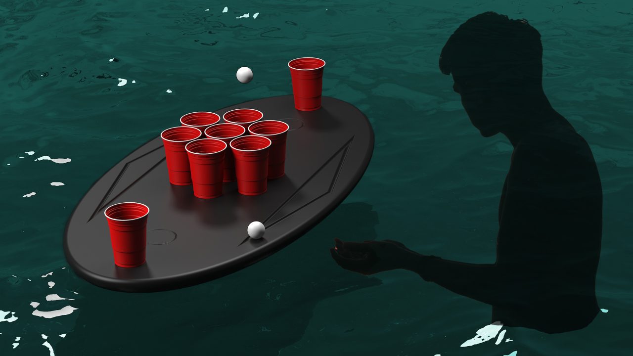 Game tested with a quick foamcore prototype, the table sits high enough above the surface of the pool to prevent water from getting to the top surface.