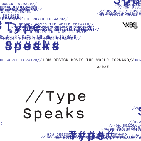 Header image for Type Speaks with scattered blue and black text