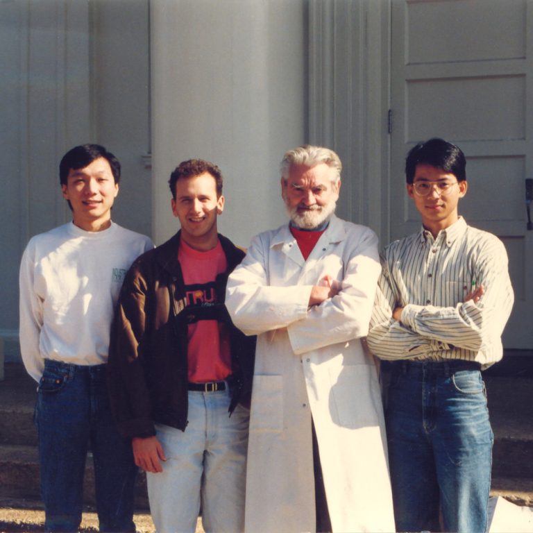 From left to right, Tsailu Liu, Rich Britnell, Walter Schaer and Eric Tse stand in front of O.D. Smith Hall in 1992. 