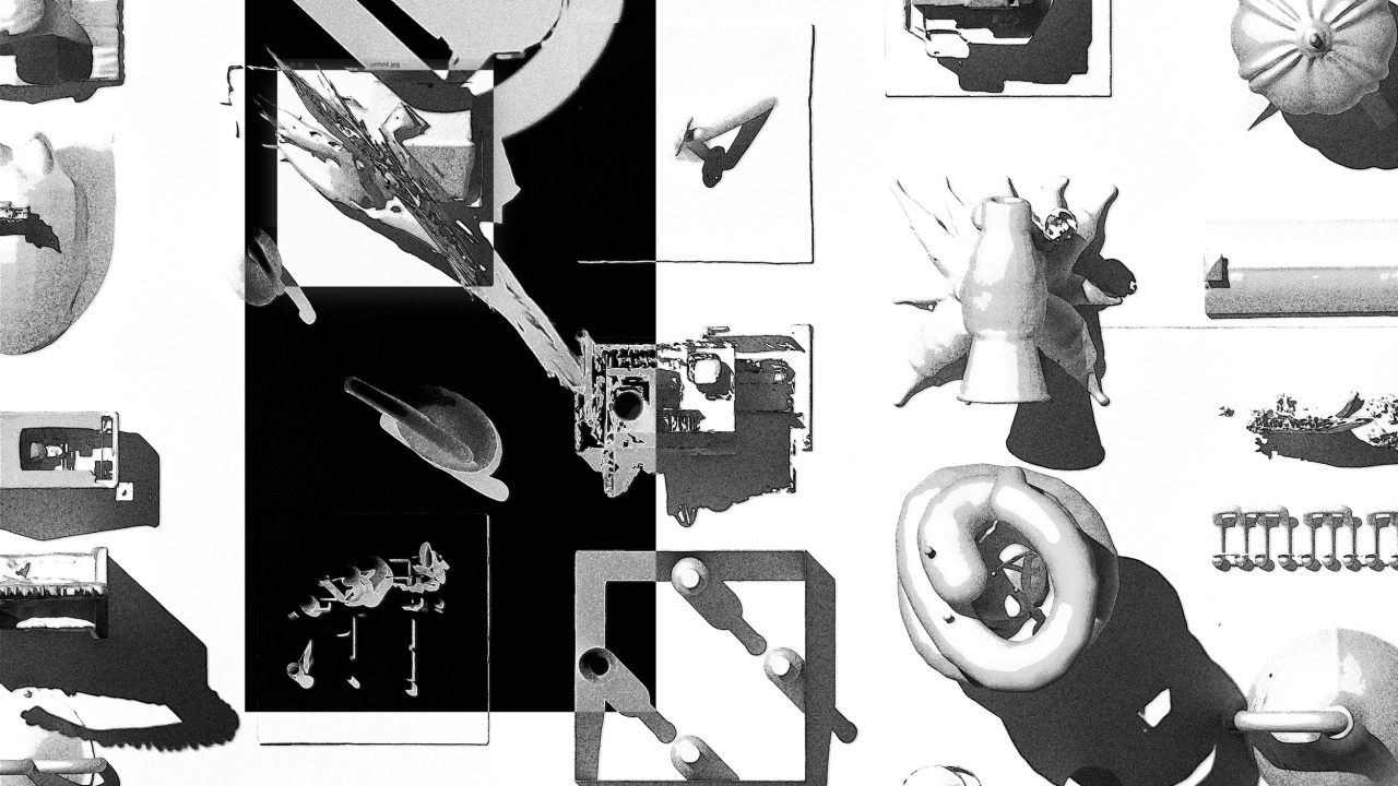 Auburn University Environmental Design student work Various mechanical and organic objects are arranged on a white surface, with a bold black rectangle creating contrast in the center of the image.