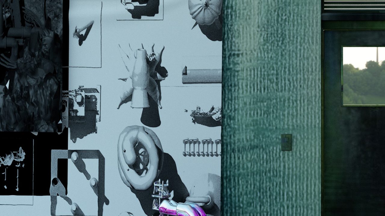 Auburn University Environmental Design student work A futuristic, abstract room with black-and-white checkered floor, surreal art on the walls, and a figure draped in purple material sitting in the center.