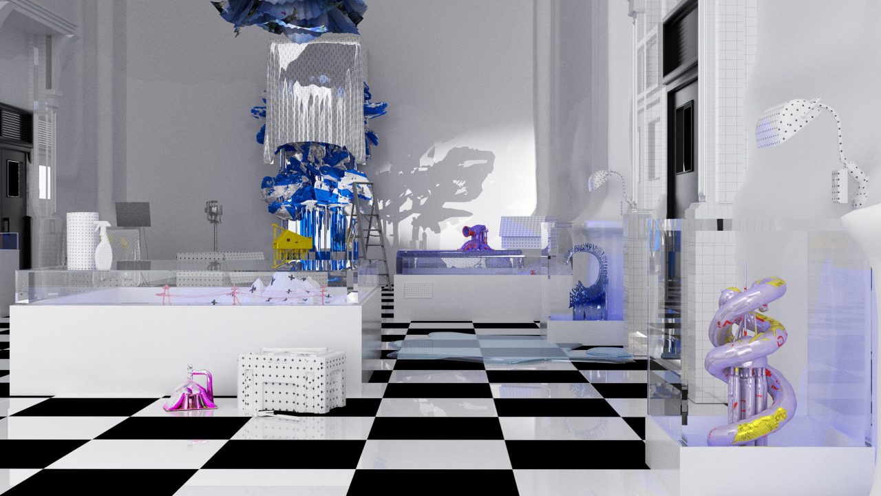 Auburn University Environmental Design student work A modern, white room with black-and-white checkered floor, geometric furniture, and transparent display cases containing colorful abstract sculptures and objects.