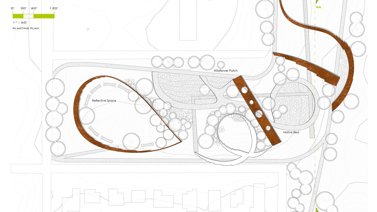 A site plan showing pathways, circular seating areas labeled Reflective Space and Native Bed, and a Wildflower Patch, with surrounding trees and a road on the right side.