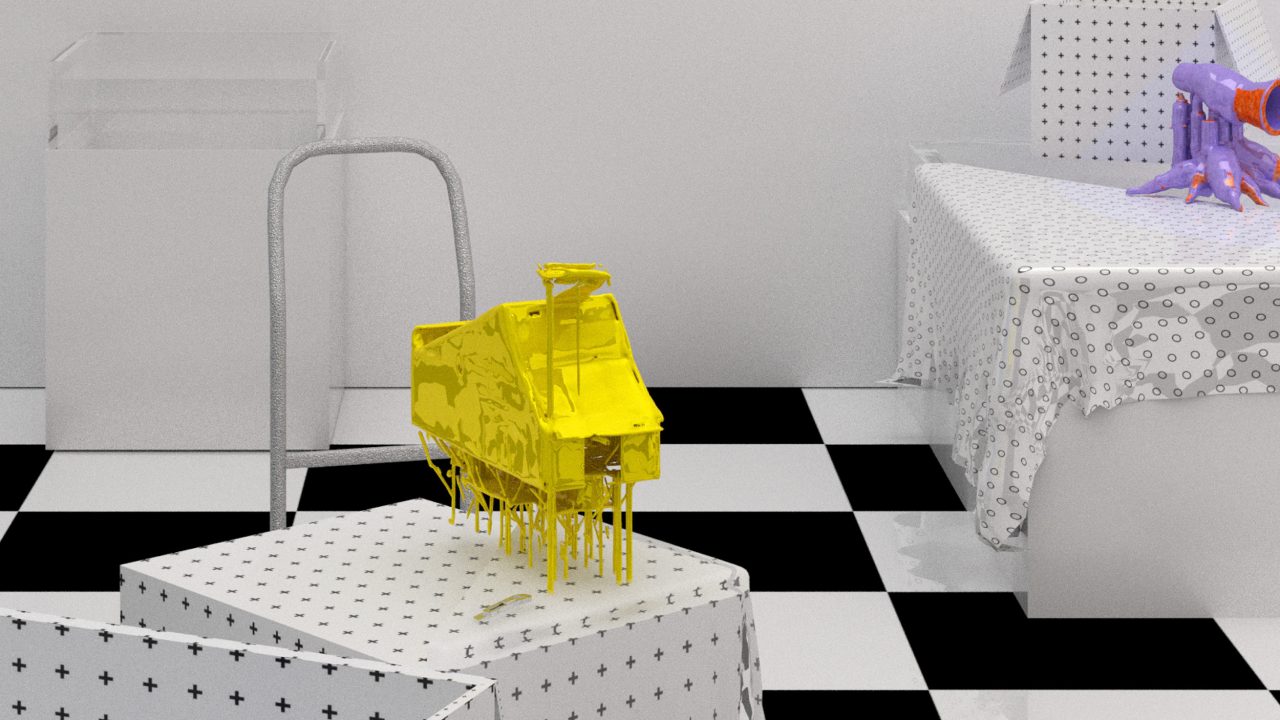 Auburn University Environmental Design student work A room with black and white checkered floor, patterned furniture, and two abstract sculptures—one yellow and one purple—on covered tables.