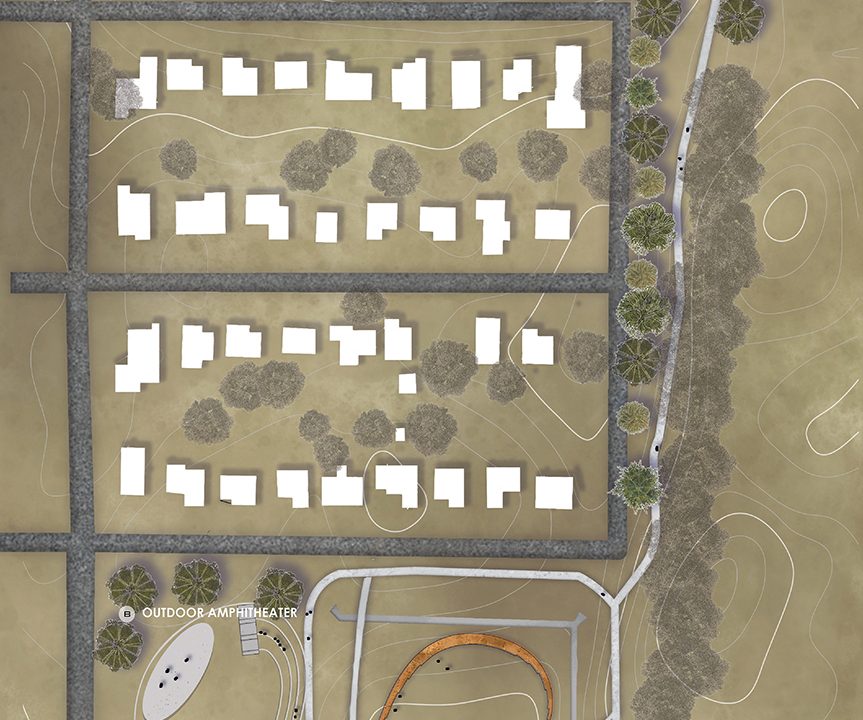 A detailed site plan illustration showing buildings, pathways, open green spaces, tree clusters, parking areas, and various labeled zones within a rectangular property.