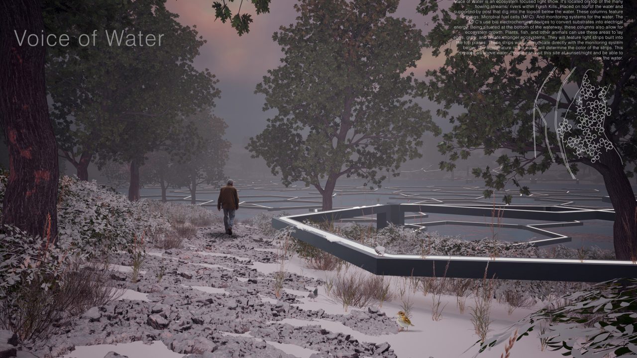 1 (2) A person walks on a snowy path through trees toward a geometric water installation under a cloudy sky, with the text “Voice of Water” and a project description visible.