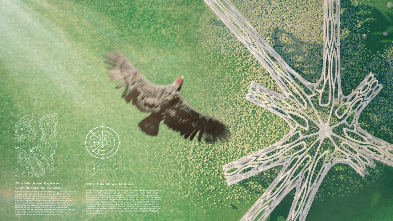 2 (4) A bird flies over a green landscape beside a large, white abstract structure. Text and diagrams are visible in the lower left corner.
