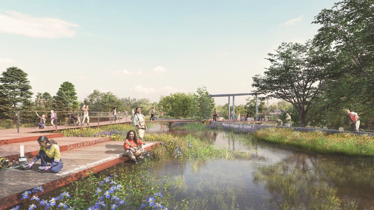People walk, relax, and interact on raised wooden walkways above a natural wetland area with flowers, trees, and water, under a clear sky.