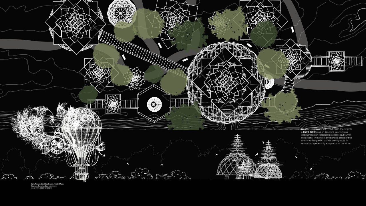 A digital architectural drawing features geometric domes, tree-like structures, and balloon shapes over a black background with green areas and white contour lines. Text is included in the lower right corner.