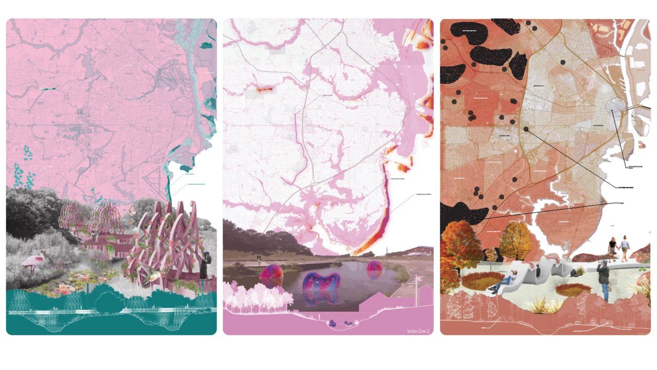 Three stylized maps with pastel and earthy colors depict landscape designs with architectural elements, vegetation, paths, and bodies of water, each accompanied by illustrative collages at the bottom.