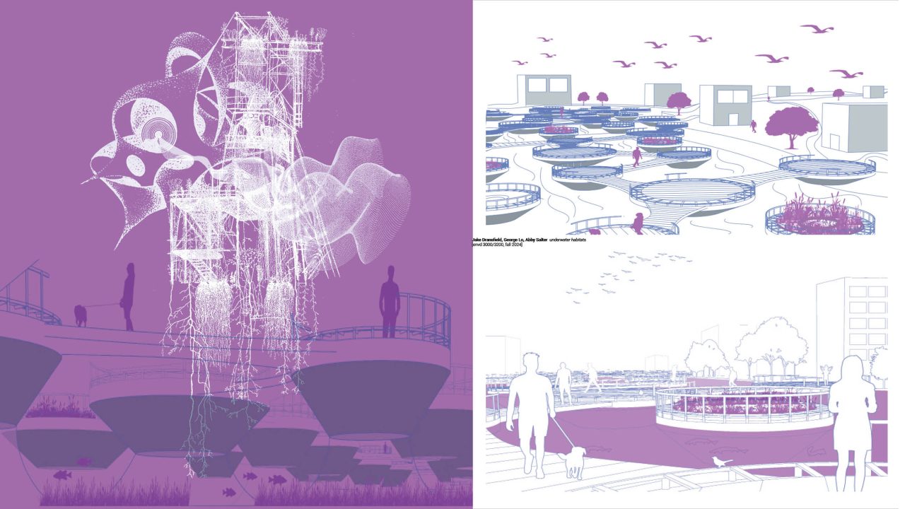 A conceptual architectural illustration with purple and white tones, showing floating structures, planters, human figures, pets, trees, and abstract design elements.