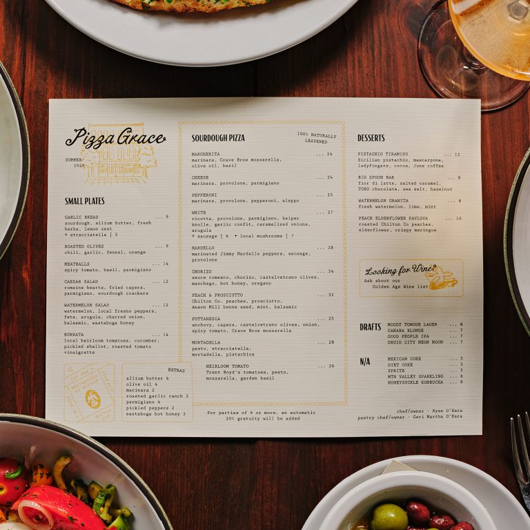 Matey crafted Pizza Grace's positioning, developed its brand identity and created materials including to-go boxes, matchbooks and menus.