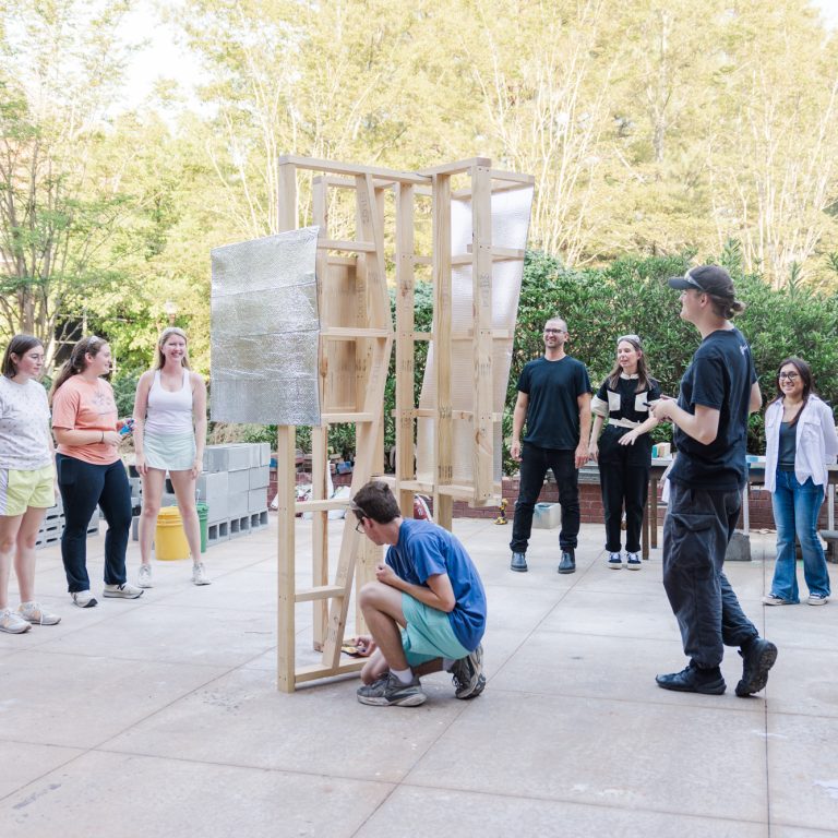 Students participated in a fabrication workshop led by McCarthy and Young, assembling “Annotated Assembly 02” using robotic drawing tools and dimensional lumber.