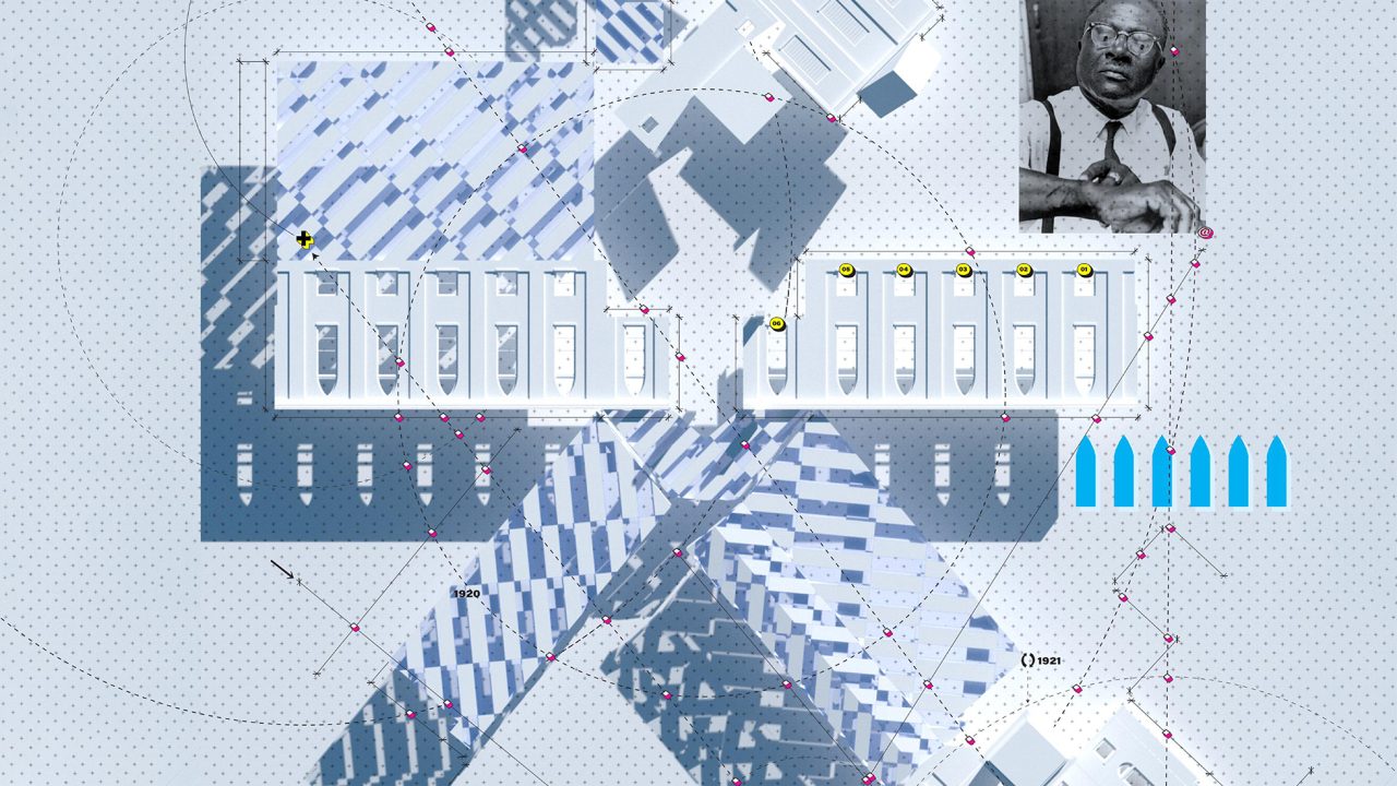 Abstract architectural diagram with 3 black and white photos of men and one crowd, geometric shapes, blue and white patterns, and technical notations on a light grey background.