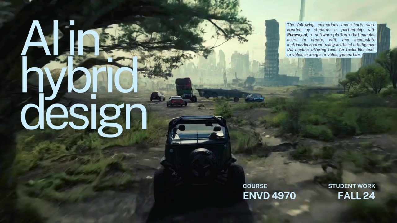 A group of vehicles drives on a dirt path toward a futuristic city; large text reads AI in hybrid design, with course details and student work info on screen.
