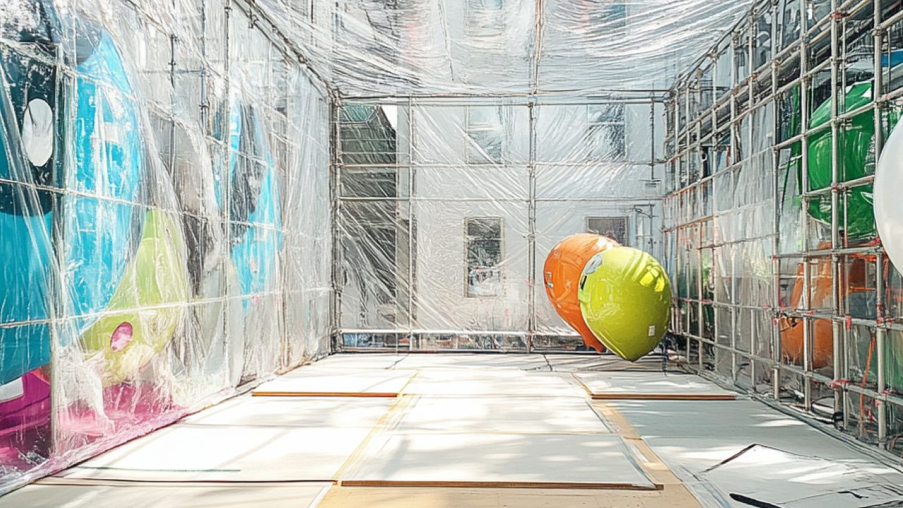 An outdoor structure with transparent plastic walls, metal scaffolding, and large colorful inflatable balls inside; modern buildings are visible in the background.