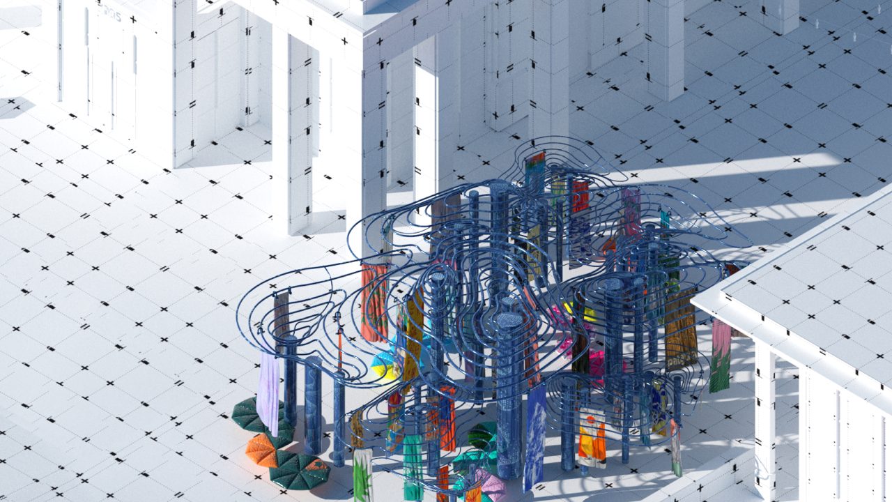 A colorful, abstract metal sculpture with hanging fabrics stands in a geometric white courtyard with tiled flooring and columned architecture.