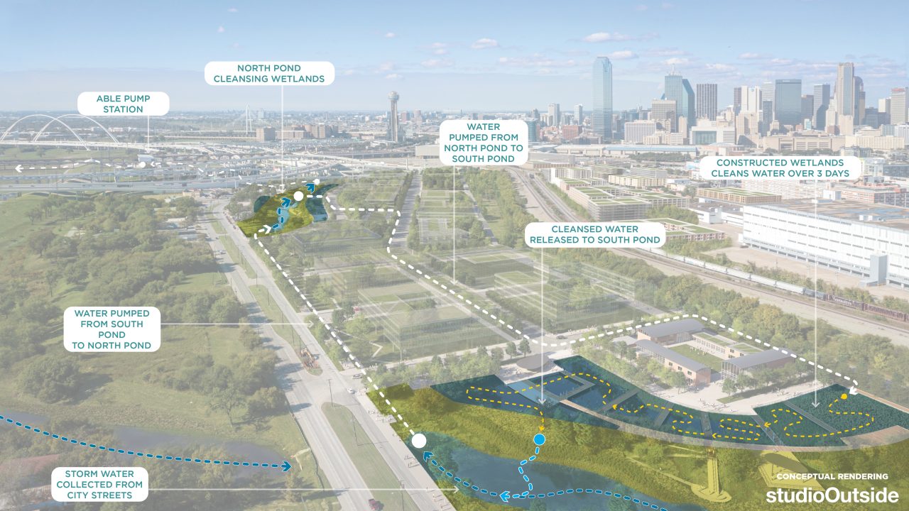 The project works to clean water from storm runoff before it runs back into the adjacent Trinity River. | Image courtesy of Studio Outside