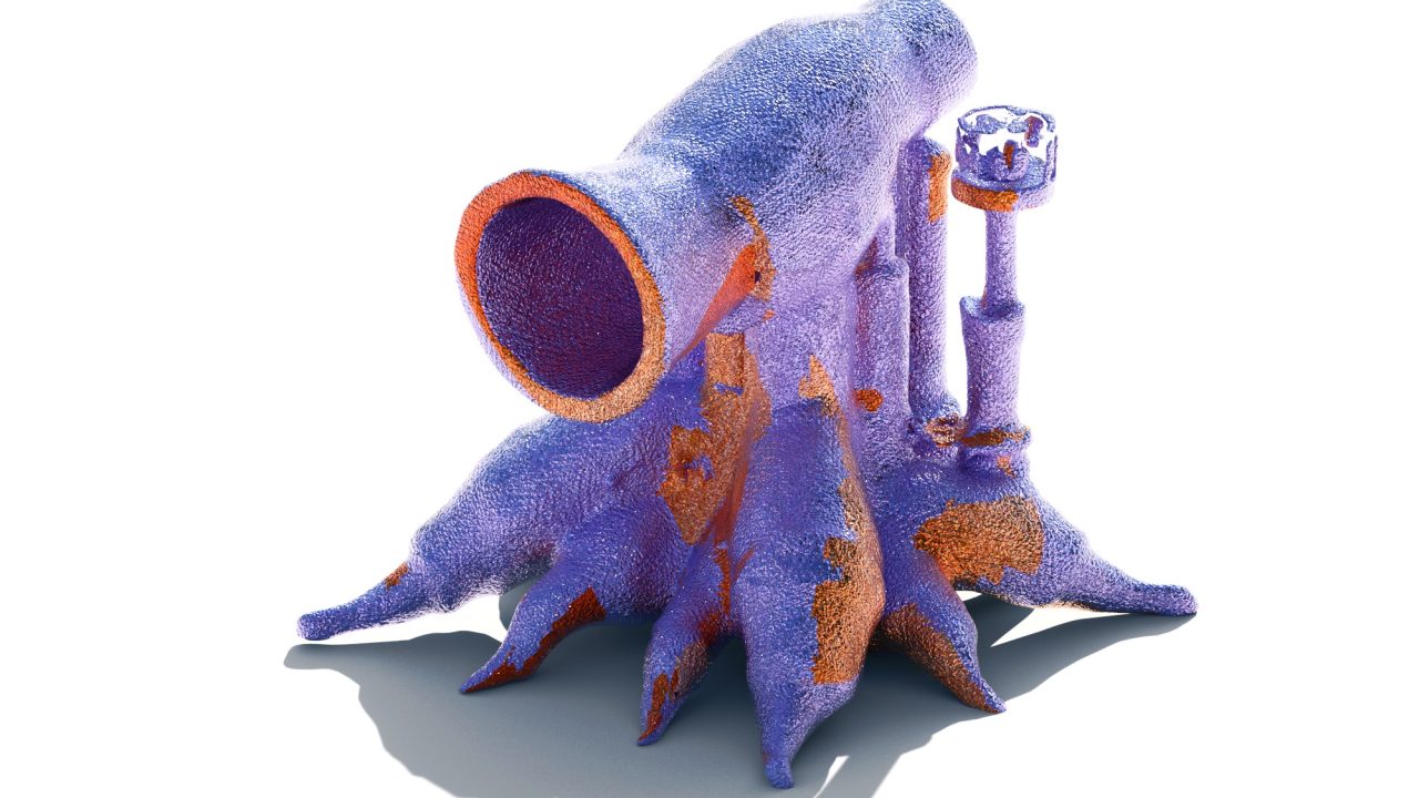 Fig 2 A textured, abstract sculpture resembling a hollow tree stump with purple and orange colors, set against a white background.