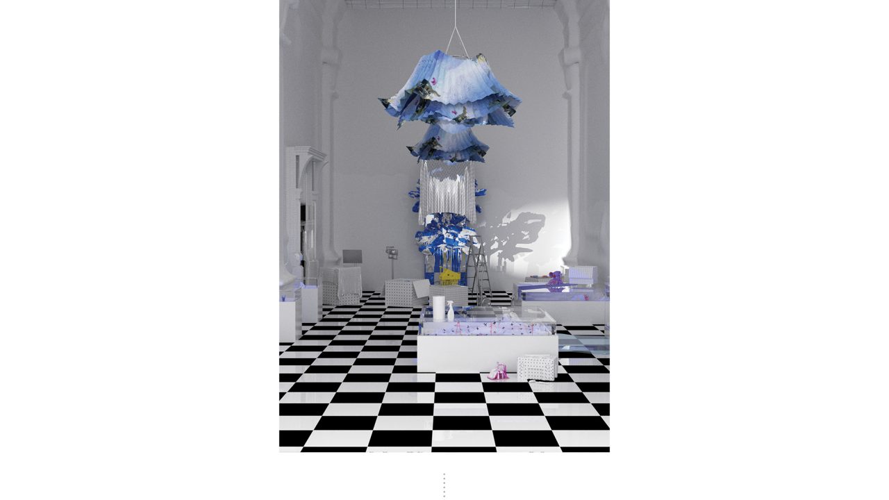 Auburn University Environmental Design student work A modern art installation with blue, layered sculptural elements hangs in a white room with a high ceiling and black-and-white checkered floor.