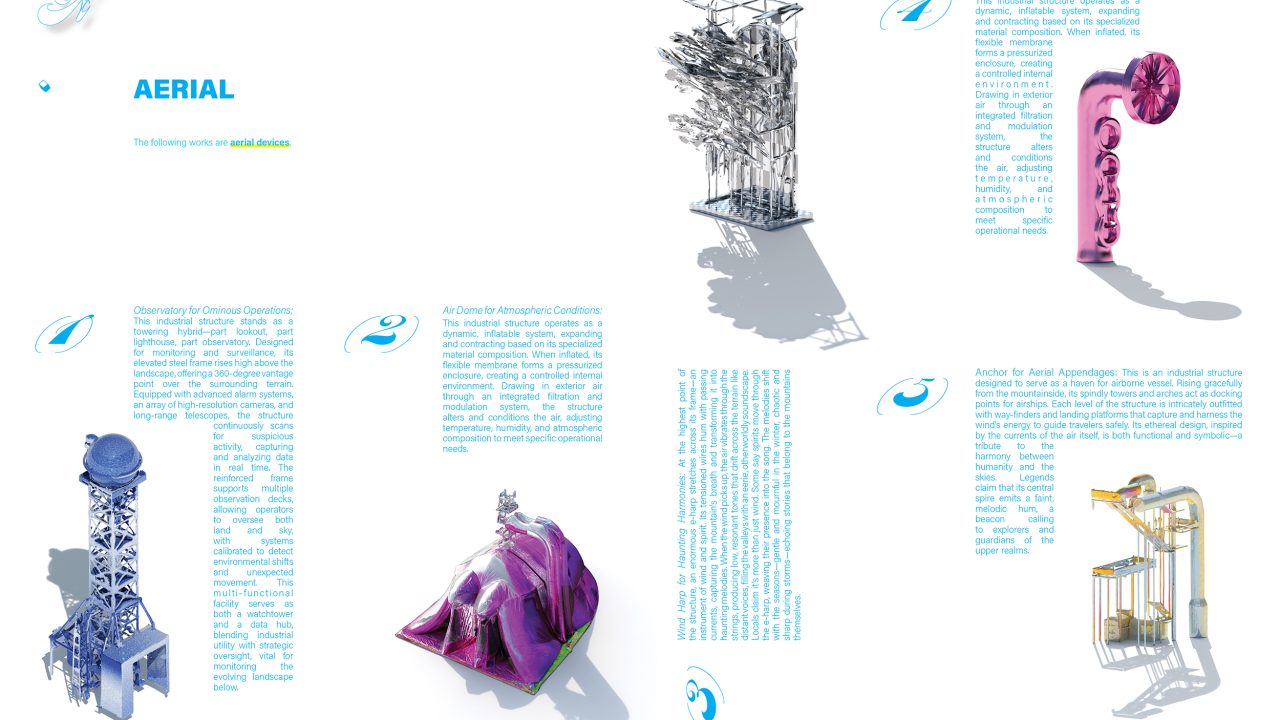 Auburn University Environmental Design student work A diagram displays five abstract, futuristic structures on a white background, each accompanied by blue text descriptions and arrows linking text to the structures.