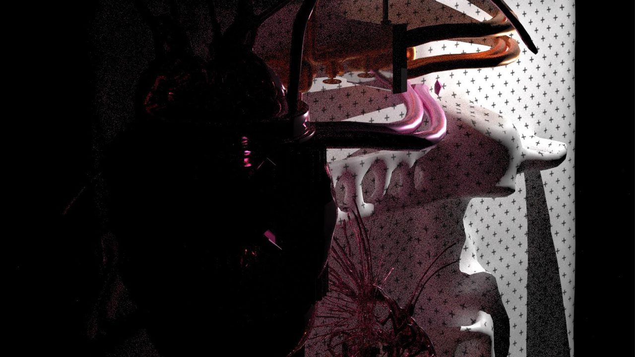 A dimly lit abstract composition with various objects, including a metallic faucet and patterned fabric, arranged against a dark background.