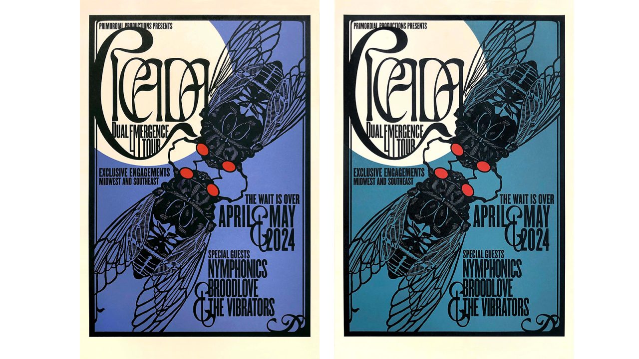 Two poster designs for Dream Ultra Emergence concerts featuring a large insect illustration, event dates in April & May 2024, and special guests listed at the bottom.
