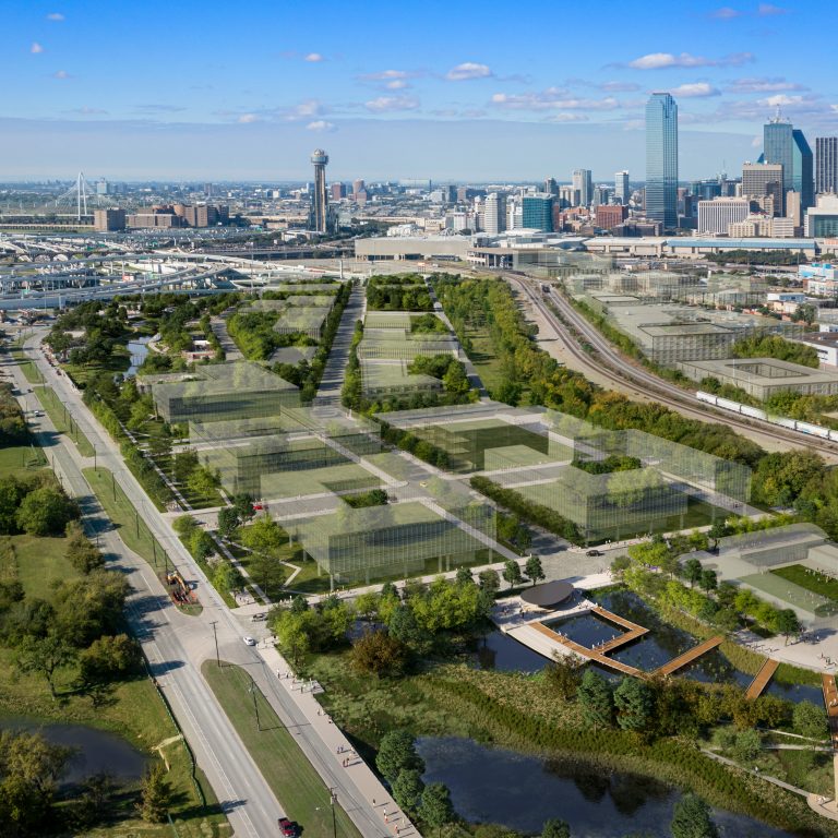 Aerial view of an urban park development with paths, greenery, and water features, set against the backdrop of a city skyline and highways.