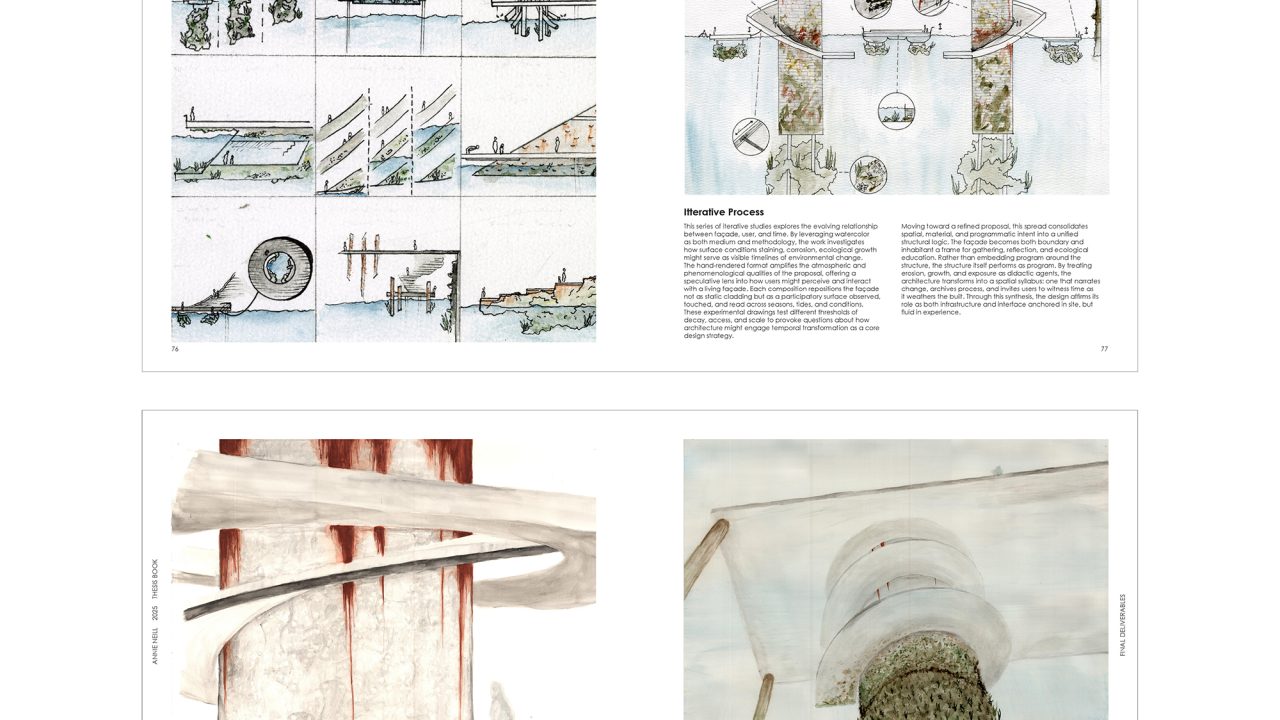 A set of architectural drawings and diagrams illustrating a responsive facade concept, featuring sections, close-ups, and environmental interactions by Annie Neill.