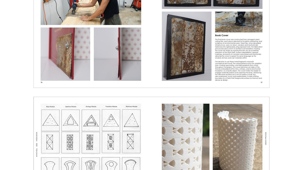 A two-page design portfolio spread showcases textured facade samples, fabrication process photos, architectural sketches, and close-up images of perforated surface patterns.