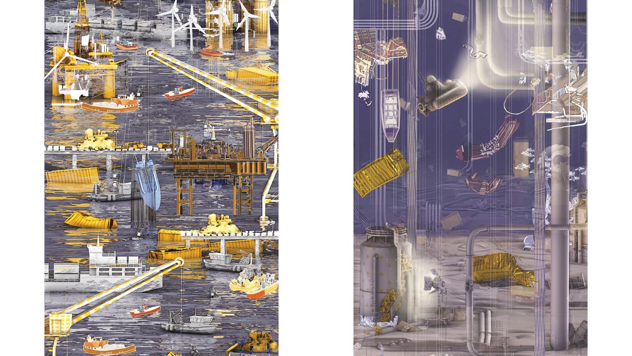 Two vertical illustrated panels depict futuristic offshore data centers with wind turbines, boats, machinery, pipelines, and underwater infrastructure. Title and creators name are displayed.