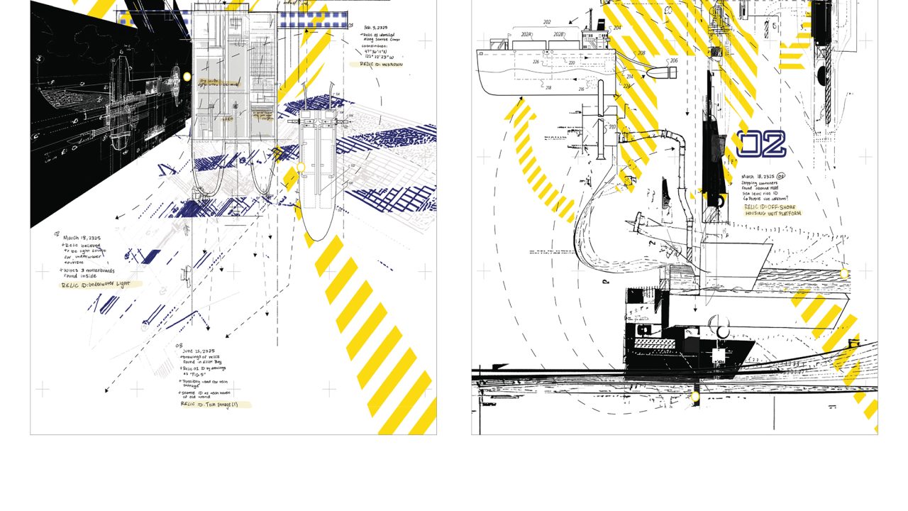 Two abstract architectural diagrams with black, yellow, and blue lines and text, illustrating concepts related to the future of offshore data centers.