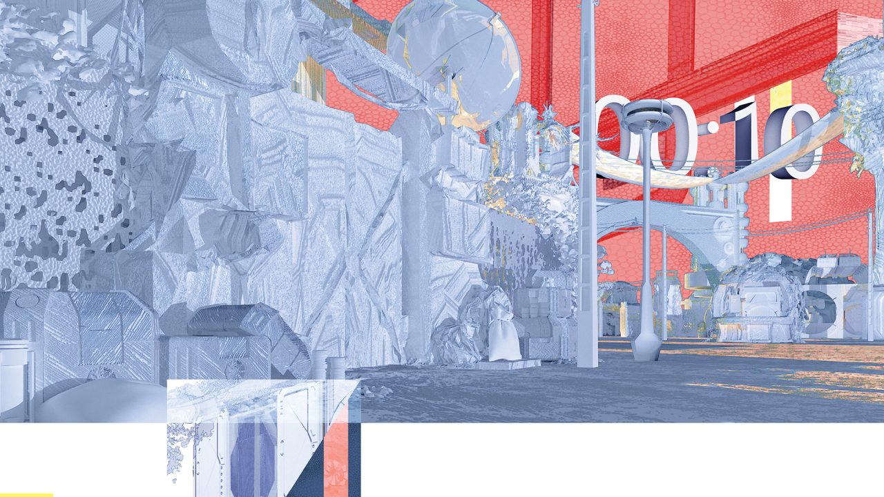 Digital illustration of an immersive theme park queue with AR/VR elements, overlaid with red and blue shapes, featuring the title “Worth the Wait” and a QR code.