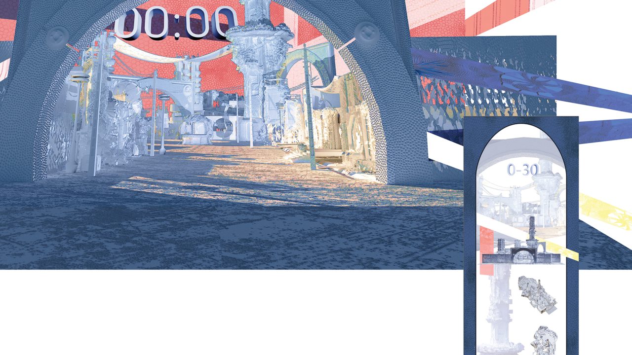 Digital artwork featuring an arched entrance with a digital timer, abstract architectural elements, and geometric shapes in red, blue, and yellow tones. Title and author details are included.