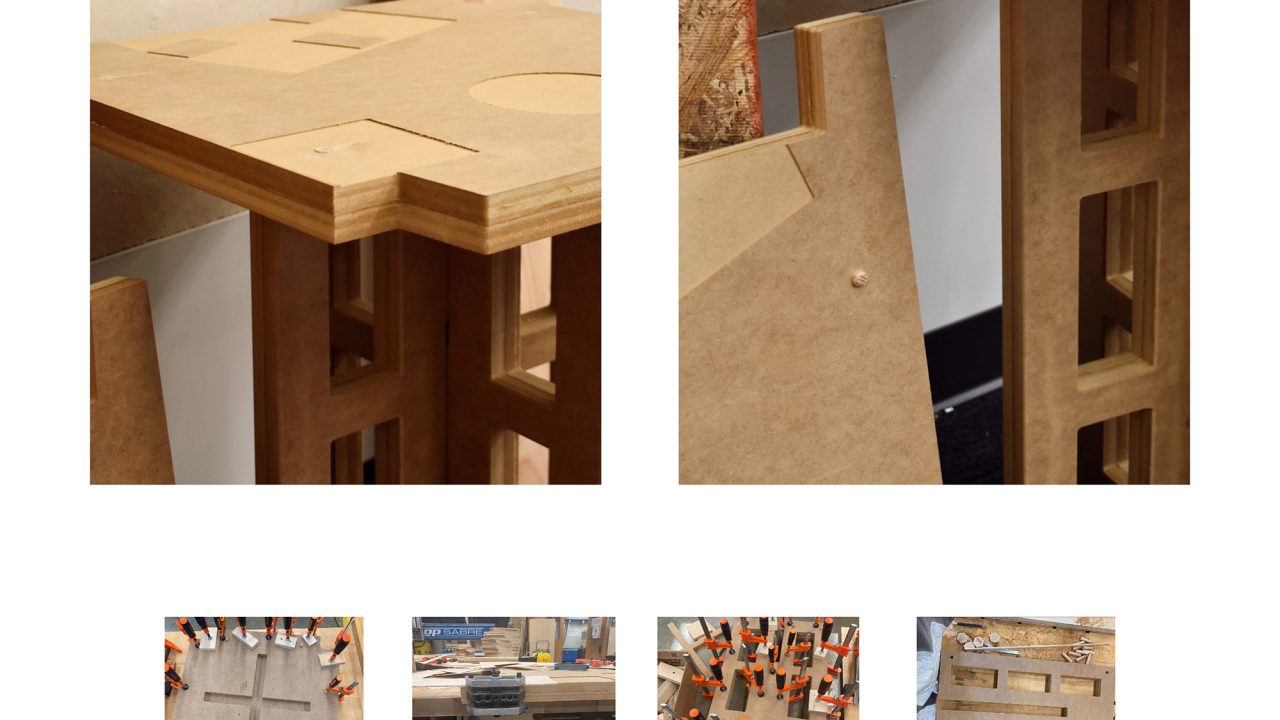 A collage showing a wooden table with geometric joints and framework, along with several photos documenting its construction process using clamps, cut wood pieces, and assembly steps.
