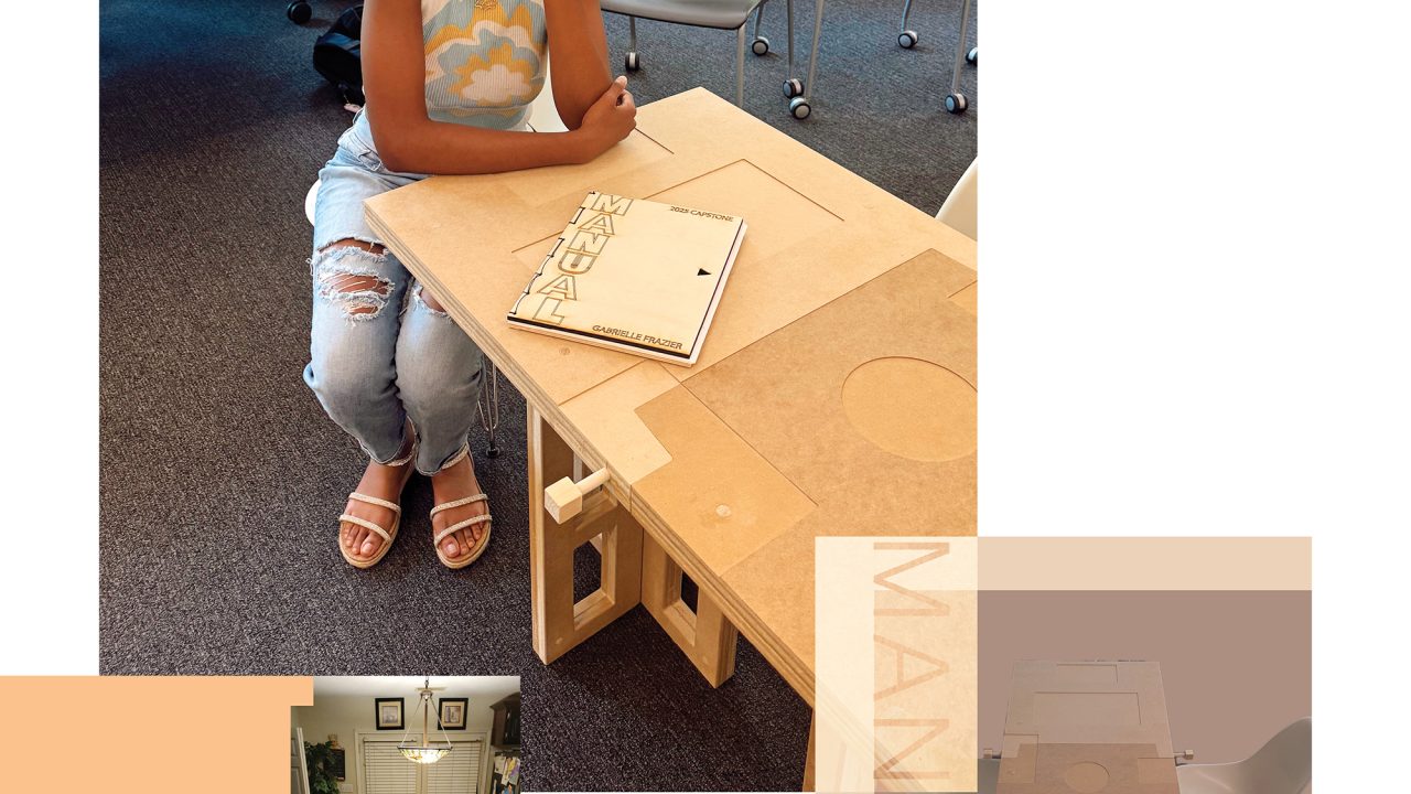A woman sits at a desk with architectural models and a sketchbook, surrounded by chairs; other images show project details and a conceptual display labeled MANUAL.