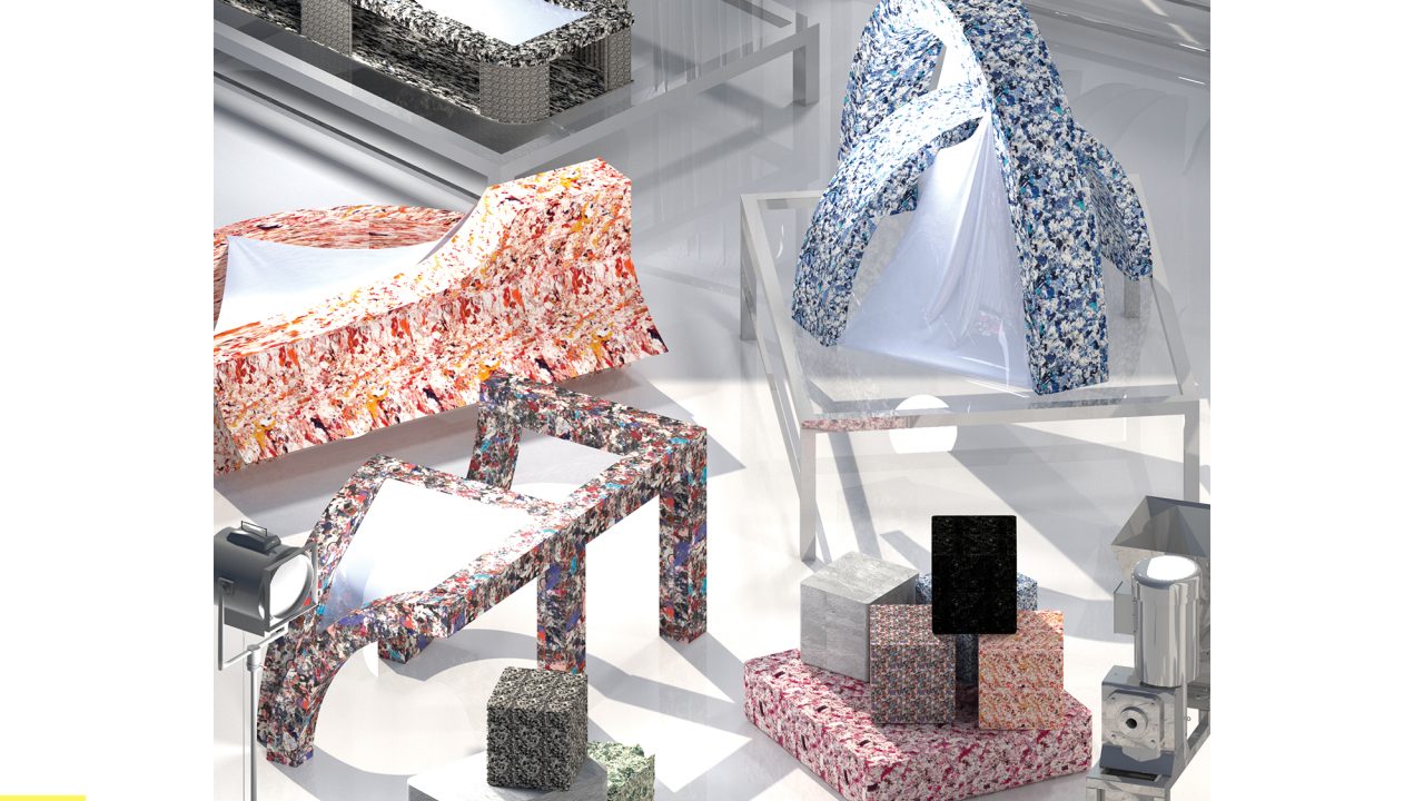 Auburn University Environmental Design student work Assorted abstract furniture pieces covered in colorful, patterned fabrics are displayed in a bright, modern showroom with hanging clothes in the background.