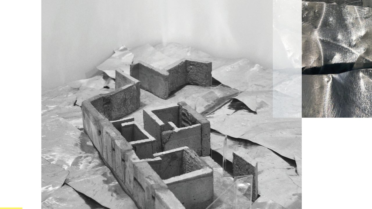 Auburn University Environmental Design student work A concrete architectural model sits on a crumpled metallic surface, photographed for a project titled House / Habitat: studies of spatial phenomenology by India Joiner.