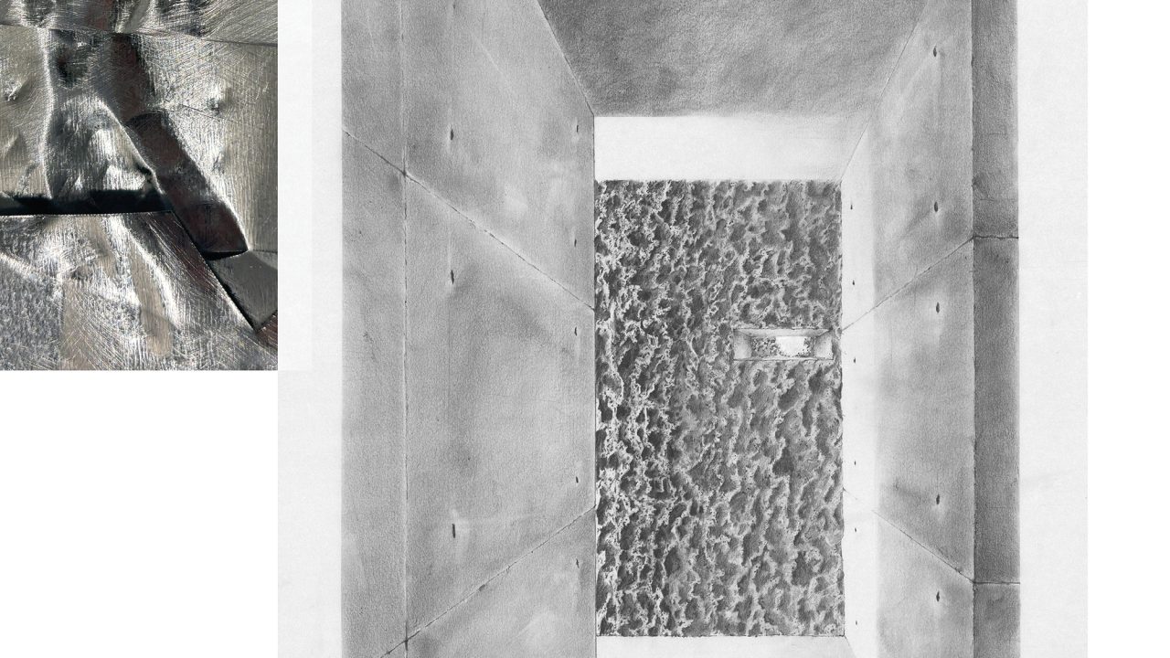 Auburn University Environmental Design student work A grayscale architectural drawing depicting a concrete hallway with textured surfaces, accompanied by an inset close-up of a metallic, textured material. Text reads HOUSE | HABITAT and INDIA JOINER.