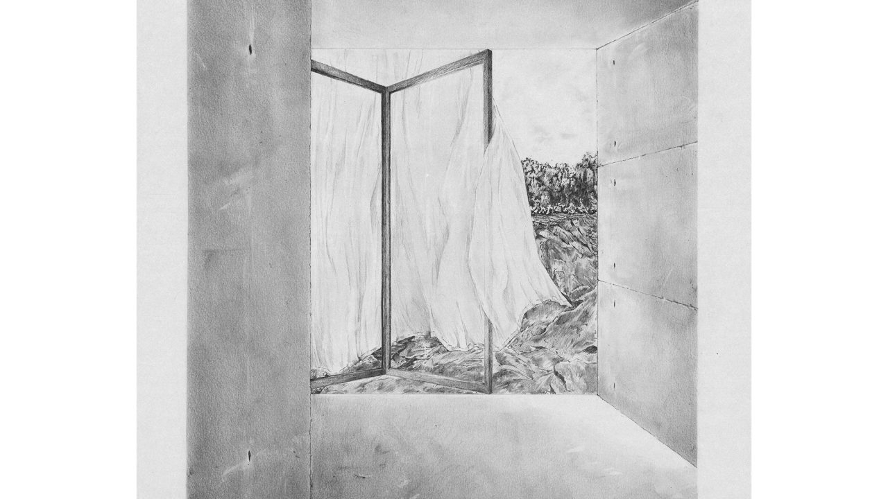 Auburn University Environmental Design student work A grayscale drawing shows an empty concrete room with an open glass door and billowing curtains, revealing an outdoor landscape.