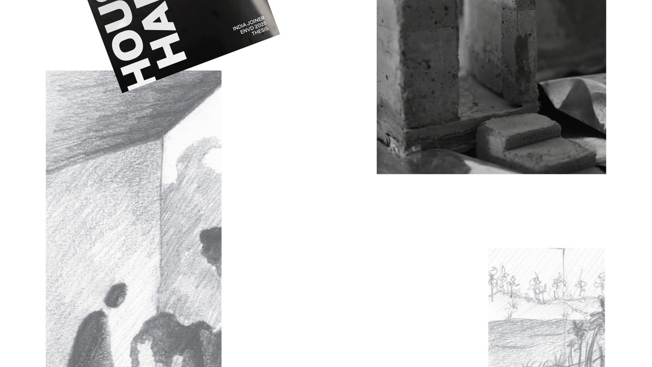 Auburn University Environmental Design student work A collage featuring a magazine titled HOUSE HABITAT, concrete blocks, grayscale pencil drawings of people, and the name INDIA JOINER centered at the bottom.