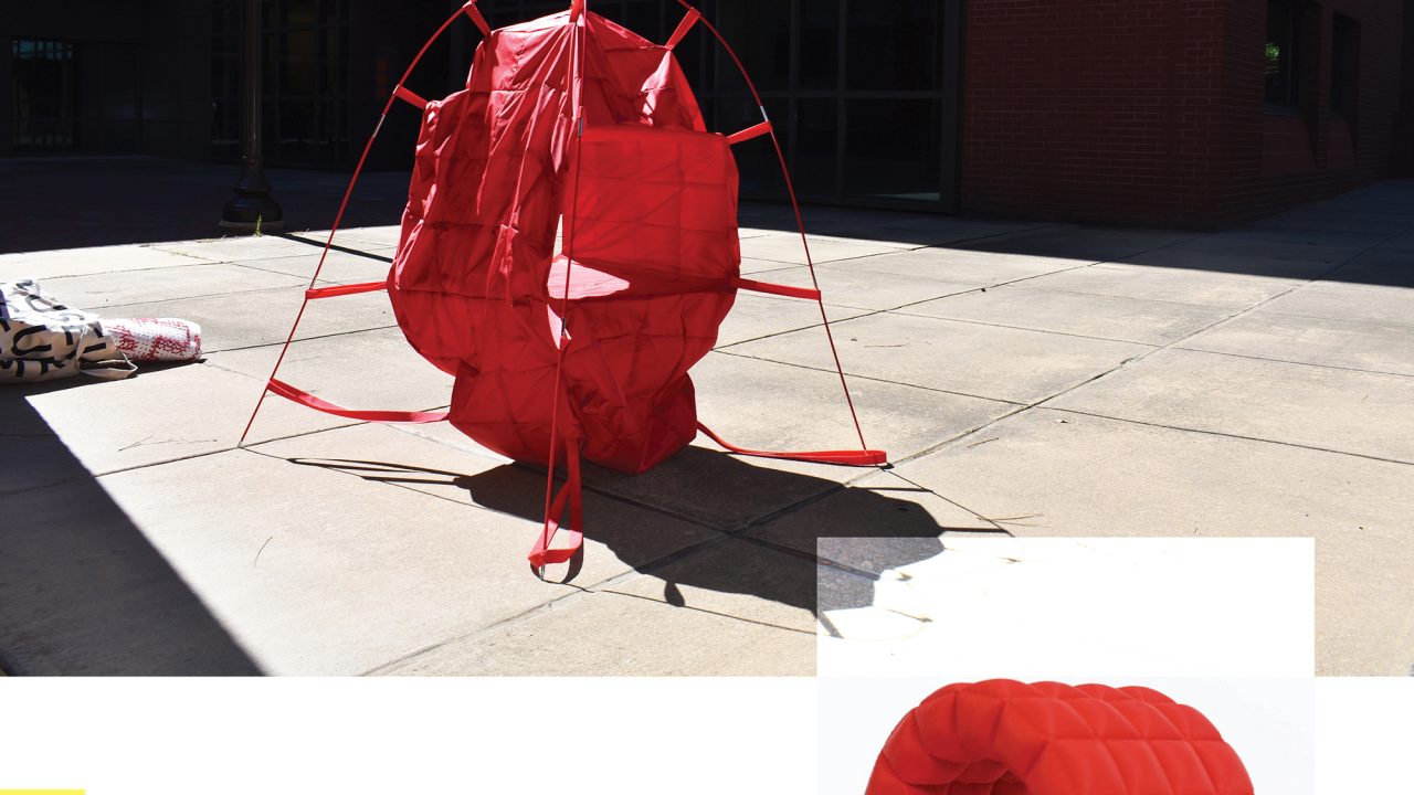 Auburn University Environmental Design student work A red, portable inflatable bedding system is set up outdoors, with a smaller image showing the bedding in its compact, rolled-up form.